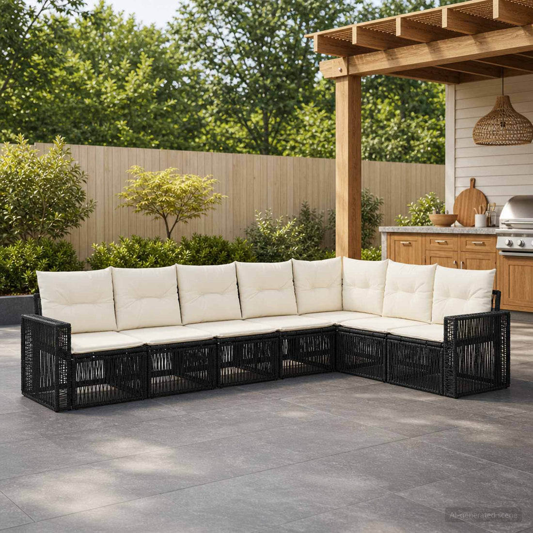 vidaXL Conjunto de sofás de jardín 7 uds. Negro y Blanco Crema