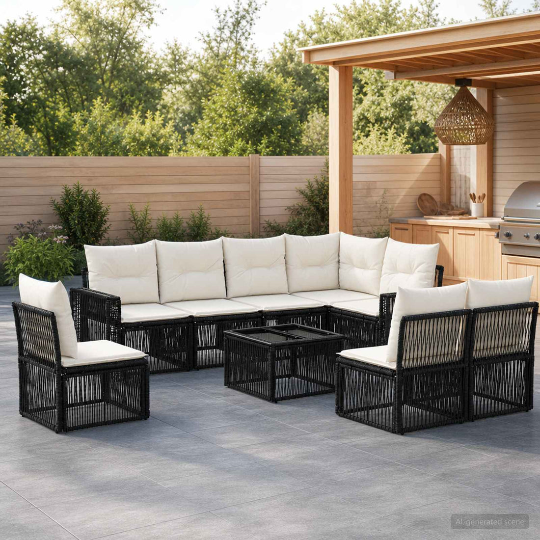 vidaXL Conjunto de sofás de jardín 9 uds. Negro y Blanco Crema