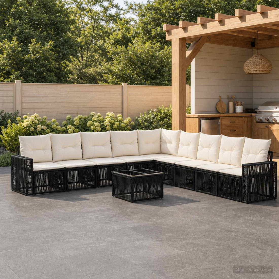 vidaXL Conjunto de sofás de jardín 10 uds. Negro y Blanco Crema