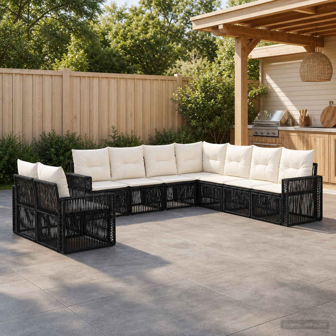 vidaXL Conjunto de sofás de jardín 9 uds. Negro y Blanco Crema