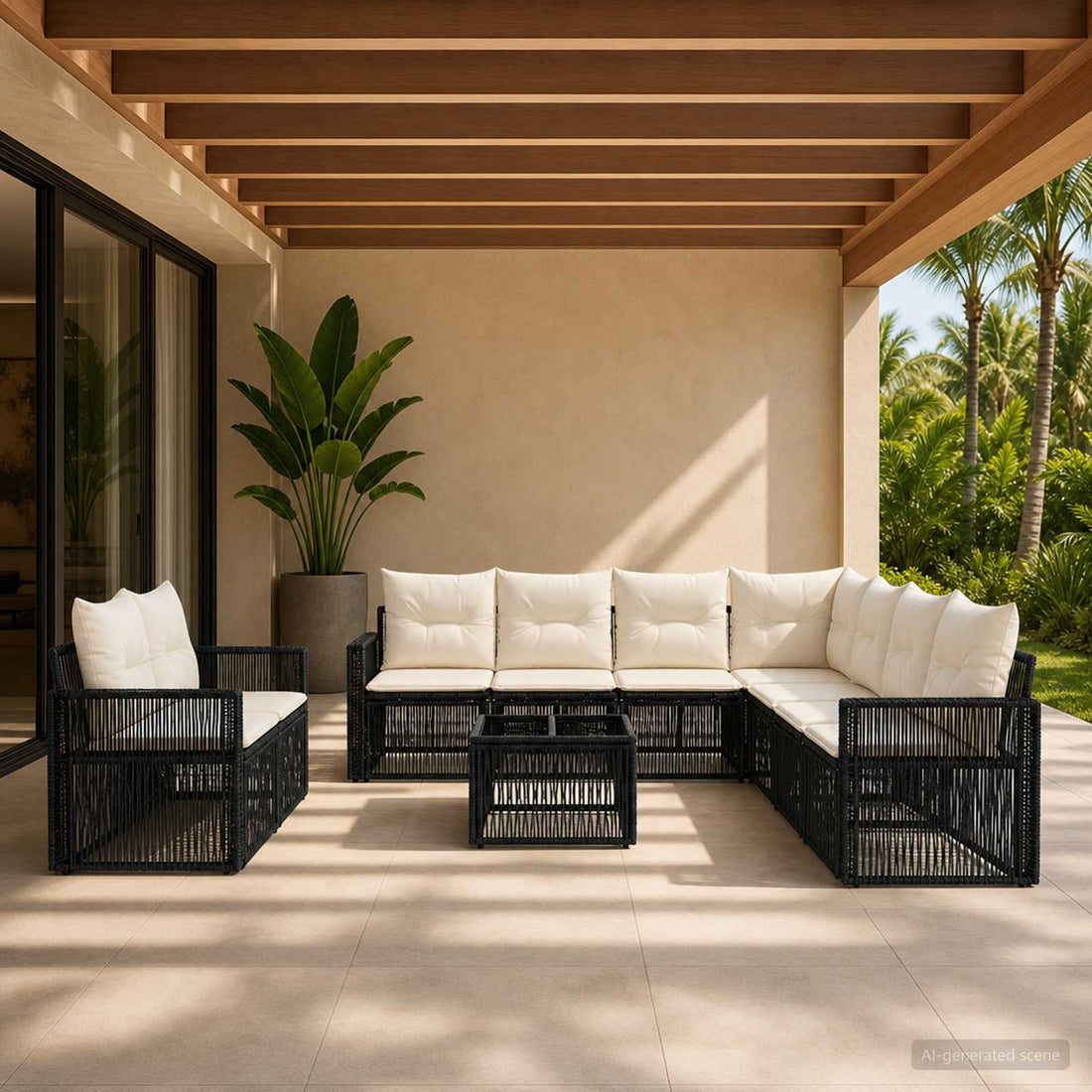vidaXL Conjunto de sofás de jardín 10 uds. Negro y Blanco Crema