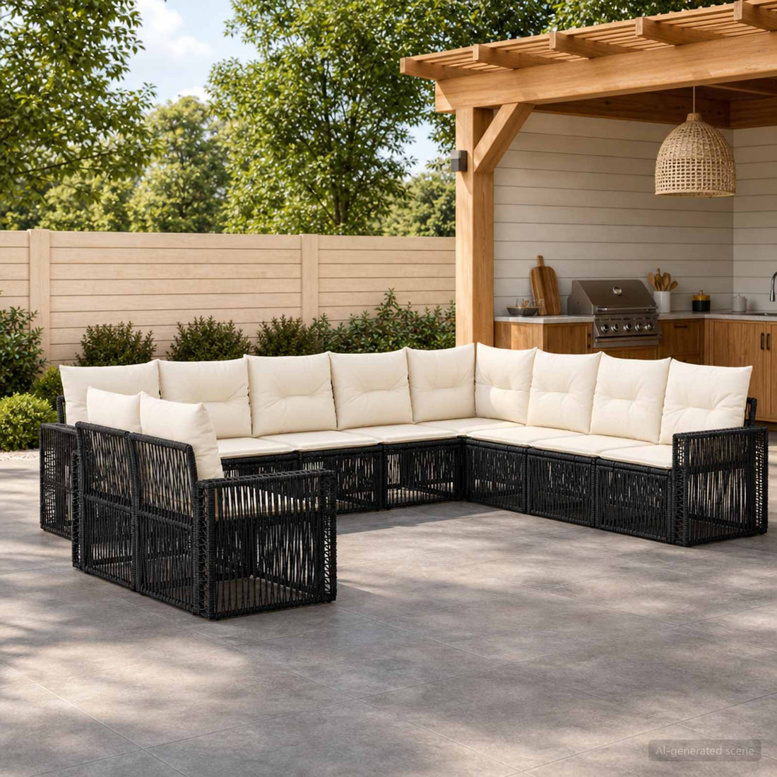 vidaXL Conjunto de sofás de jardín 10 uds. Negro y Blanco Crema