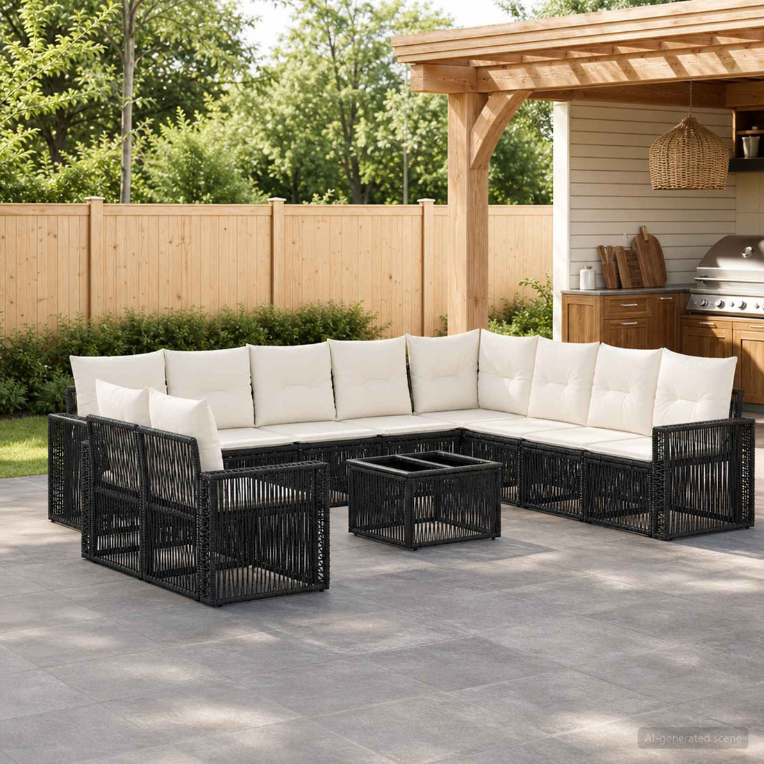 vidaXL Conjunto de sofás de jardín 11 uds. Negro y Blanco Crema