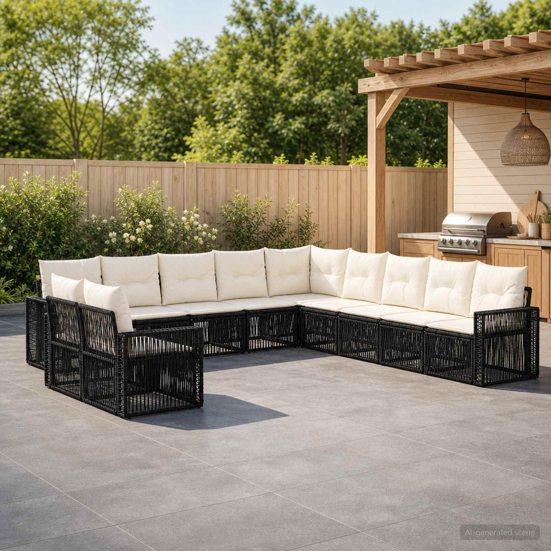 vidaXL Conjunto de sofás de jardín 11 uds. Negro y Blanco Crema