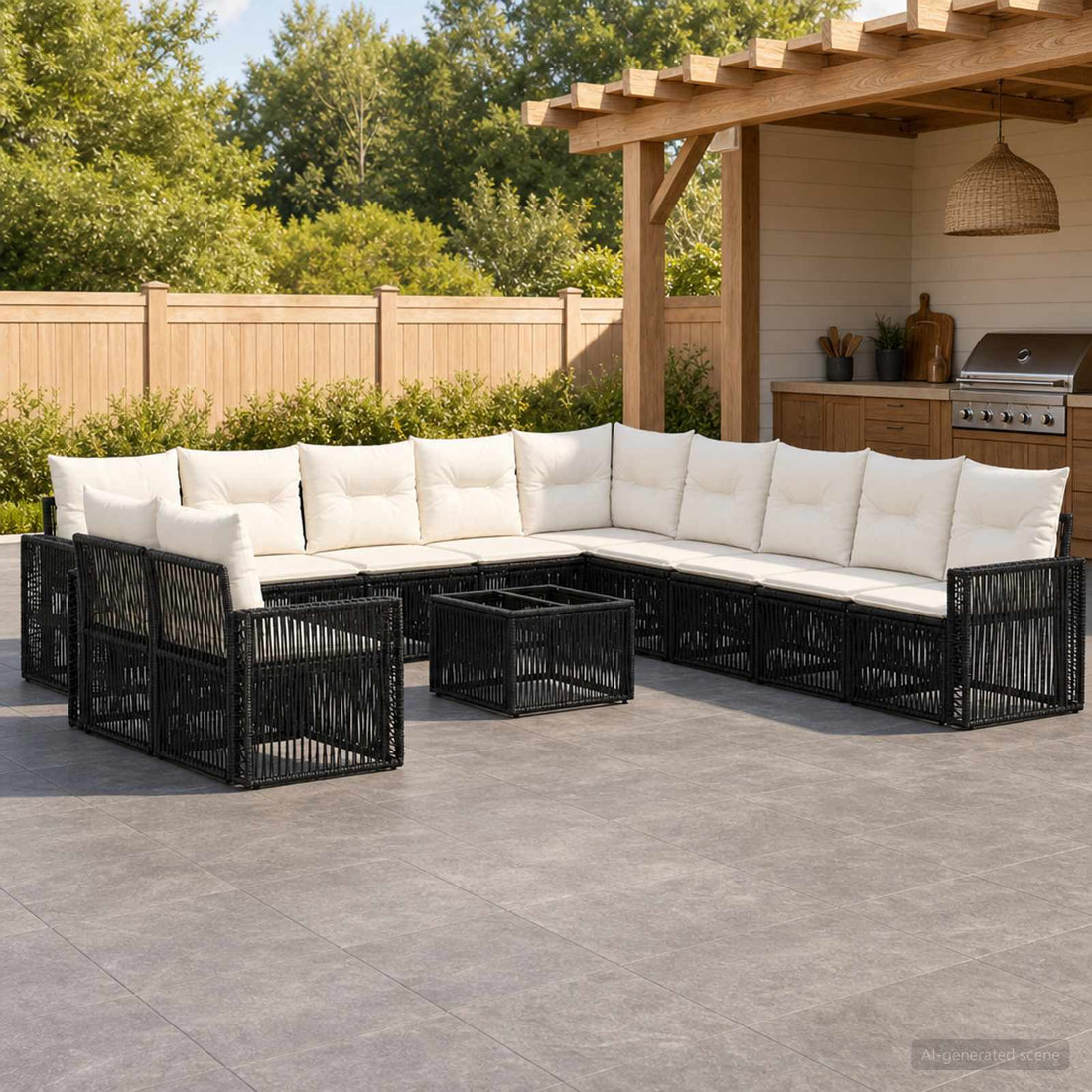 vidaXL Conjunto de sofás de jardín 12 uds. Negro y Blanco Crema