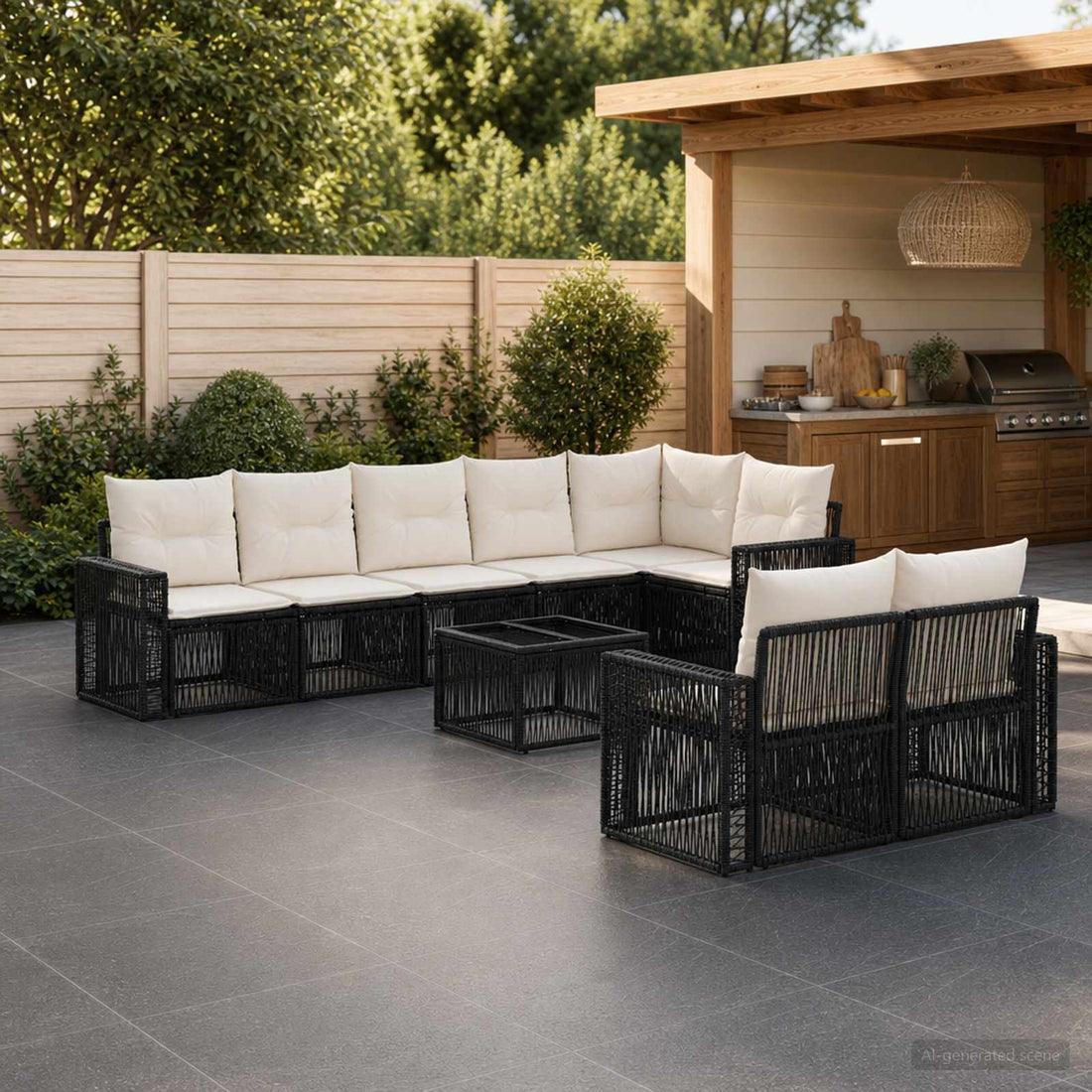 vidaXL Conjunto de sofás de jardín 9 uds. Negro y Blanco Crema