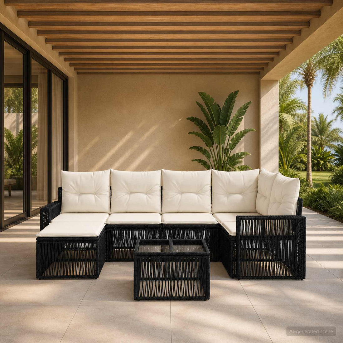vidaXL Conjunto de sofás de jardín 7 uds. Negro y Blanco Crema