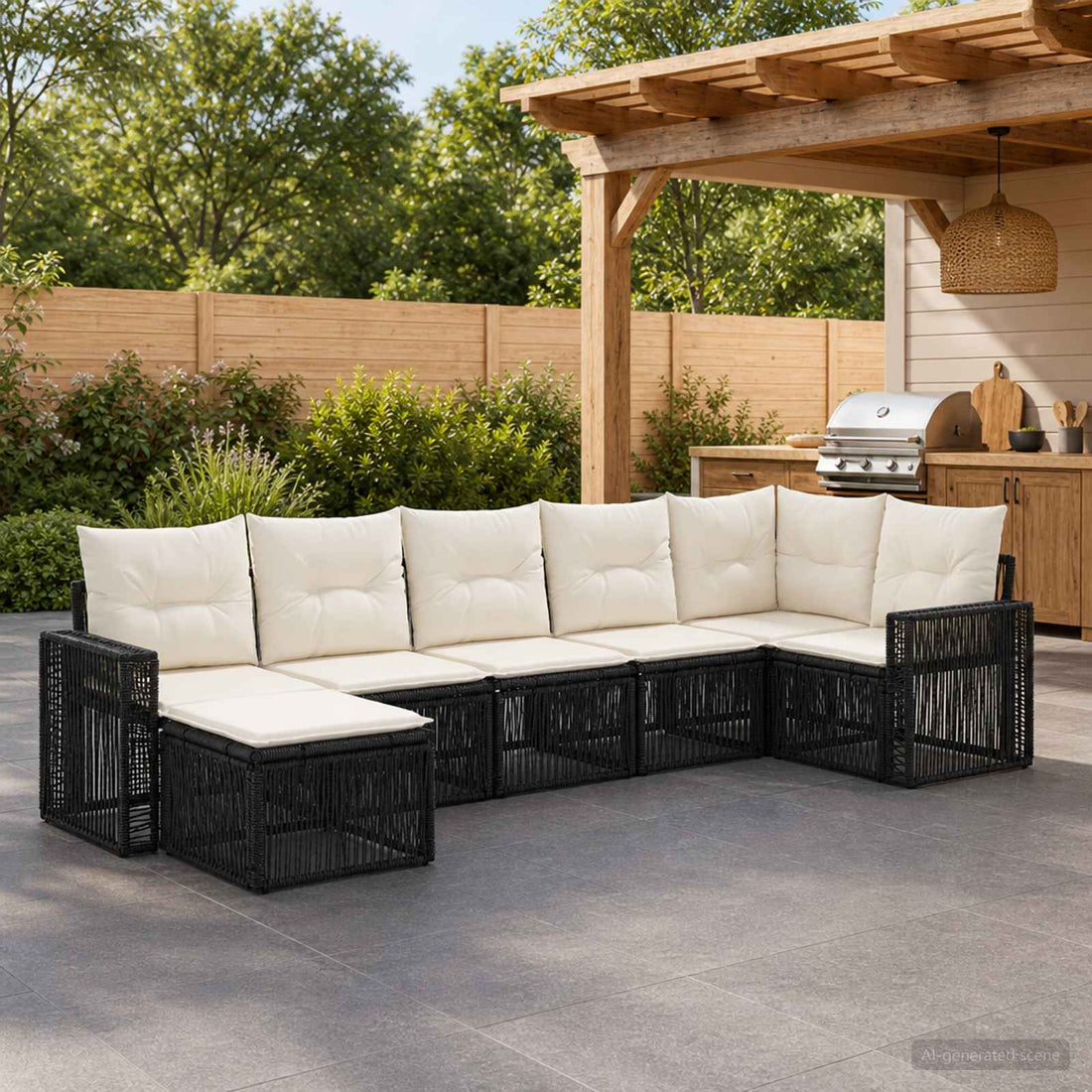 vidaXL Conjunto de sofás de jardín 7 uds. Negro y Blanco Crema