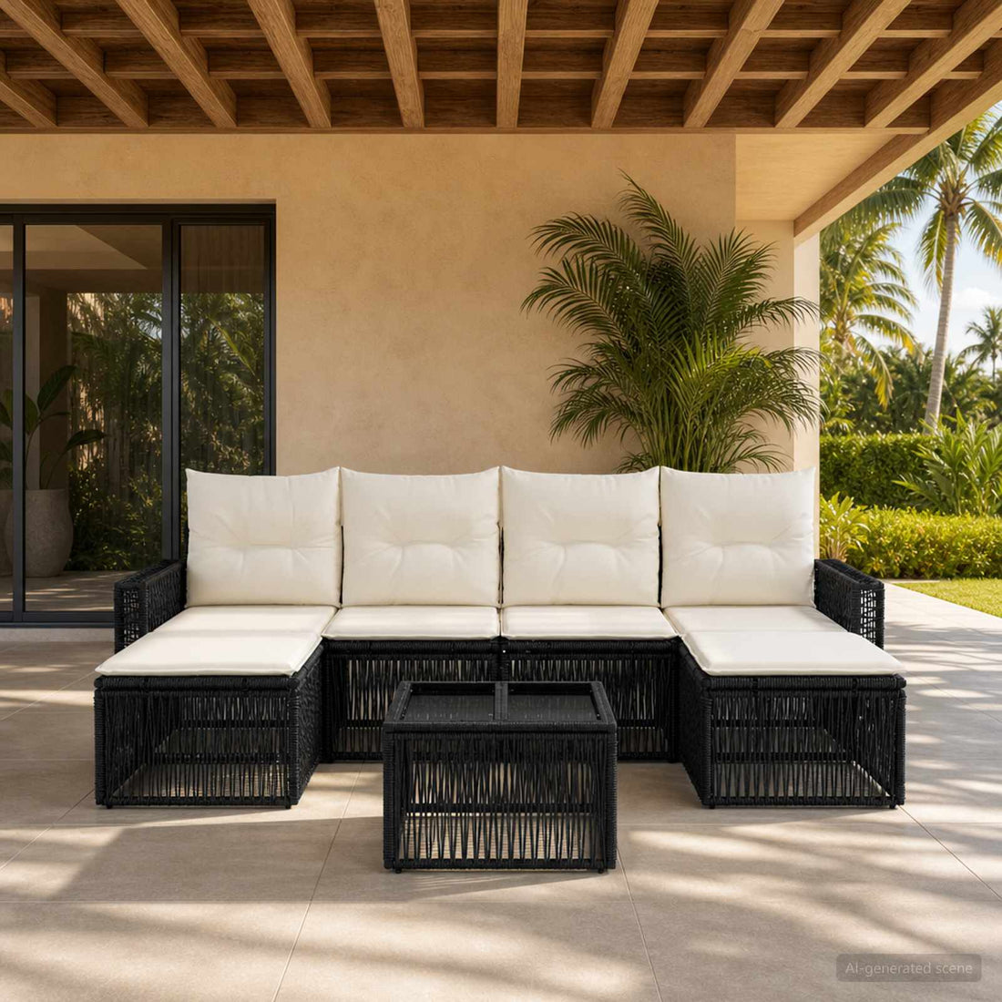 vidaXL Conjunto de sofás de jardín 7 uds. Negro y Blanco Crema