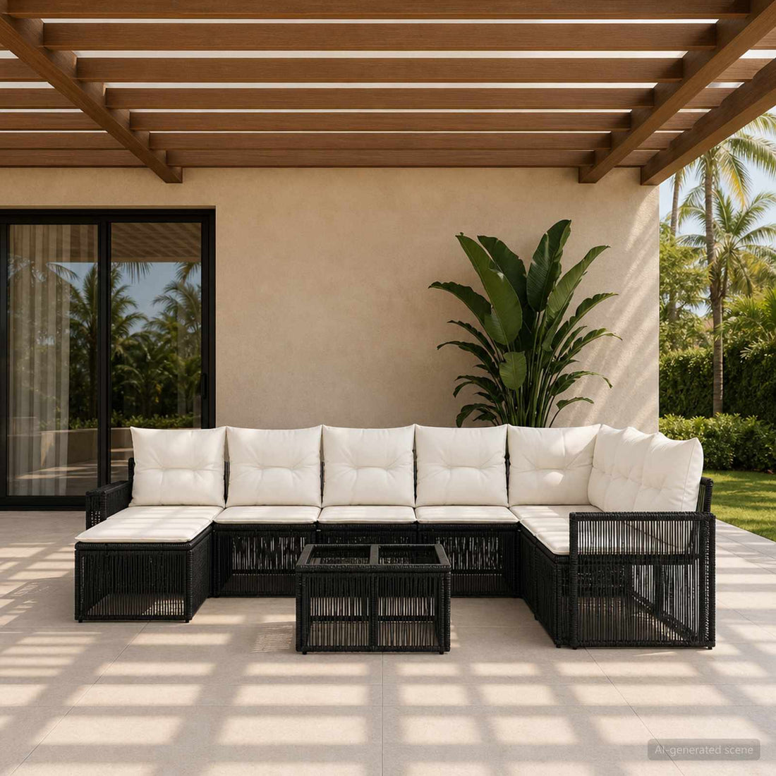 vidaXL Conjunto de sofás de jardín 9 uds. Negro y Blanco Crema