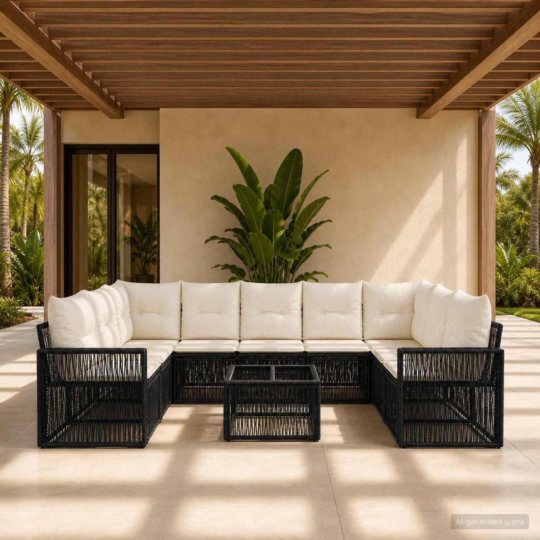 vidaXL Conjunto de sofás de jardín 10 uds. Negro y Blanco Crema