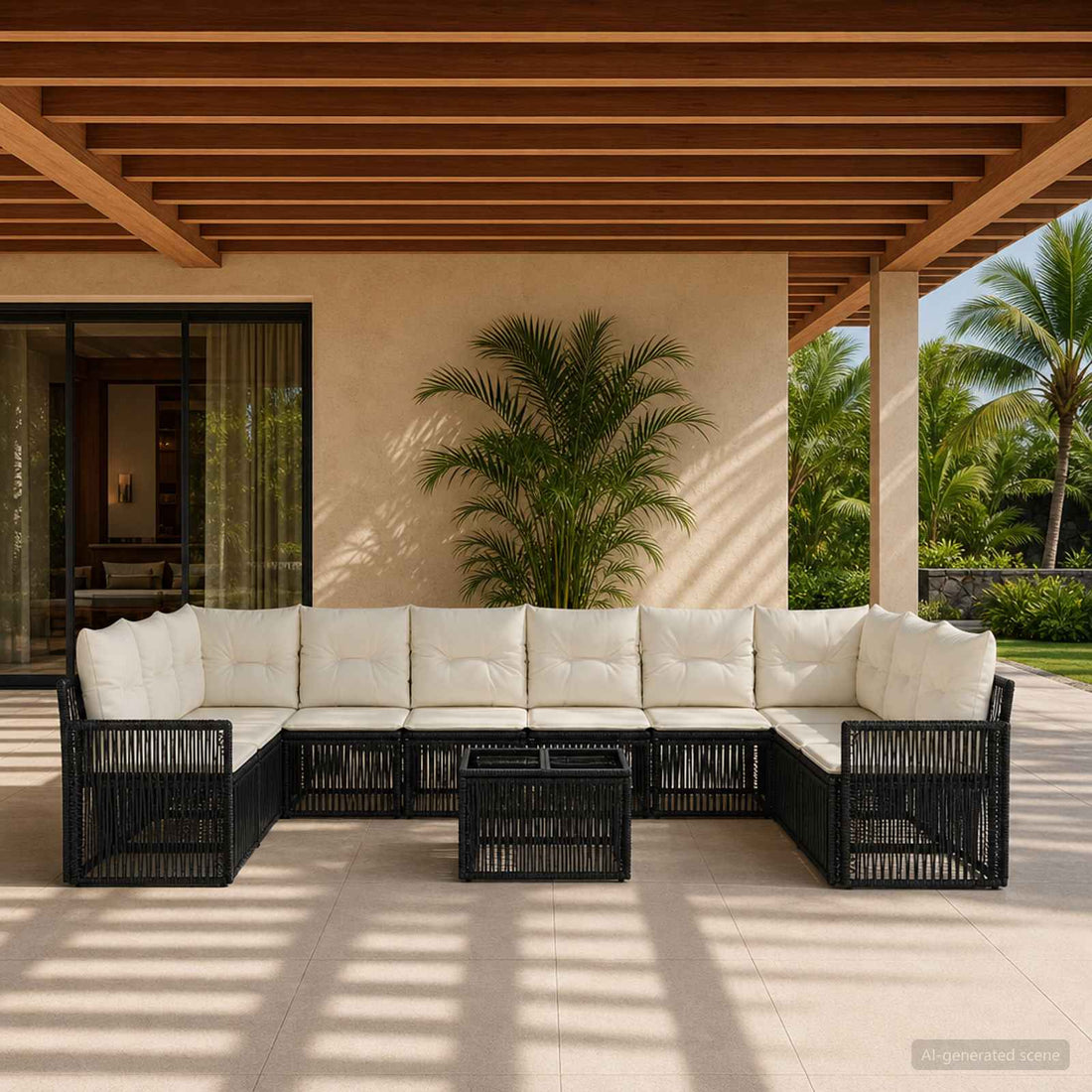 vidaXL Conjunto de sofás de jardín 11 uds. Negro y Blanco Crema