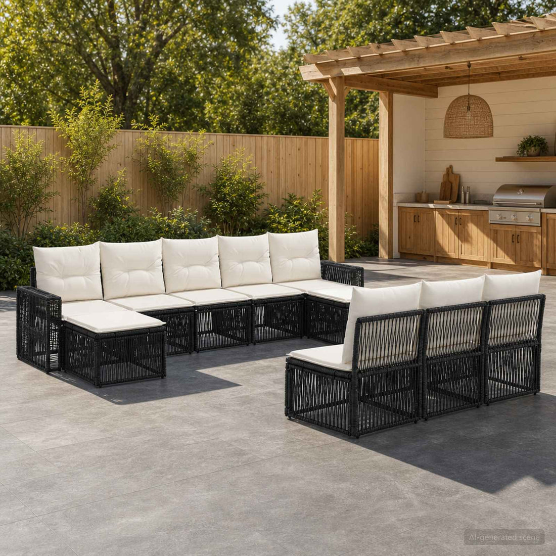 vidaXL Conjunto de sofás de jardín 10 uds. Negro y Blanco Crema