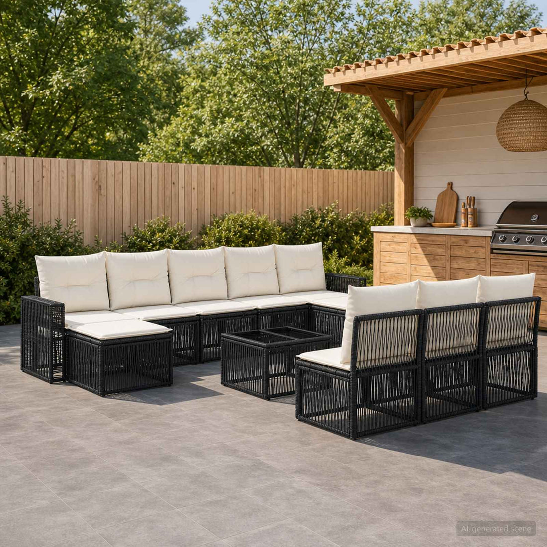 vidaXL Conjunto de sofás de jardín 11 uds. Negro y Blanco Crema