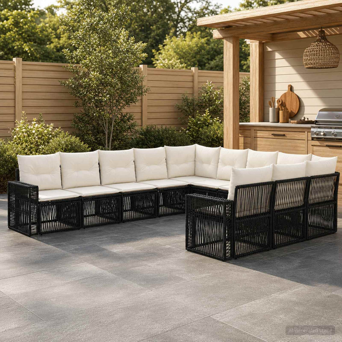 vidaXL Conjunto de sofás de jardín 11 uds. Negro y Blanco Crema