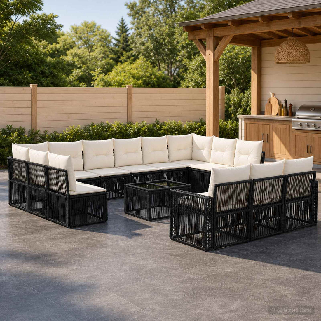 vidaXL Conjunto de sofás de jardín 14 uds. Negro y Blanco Crema