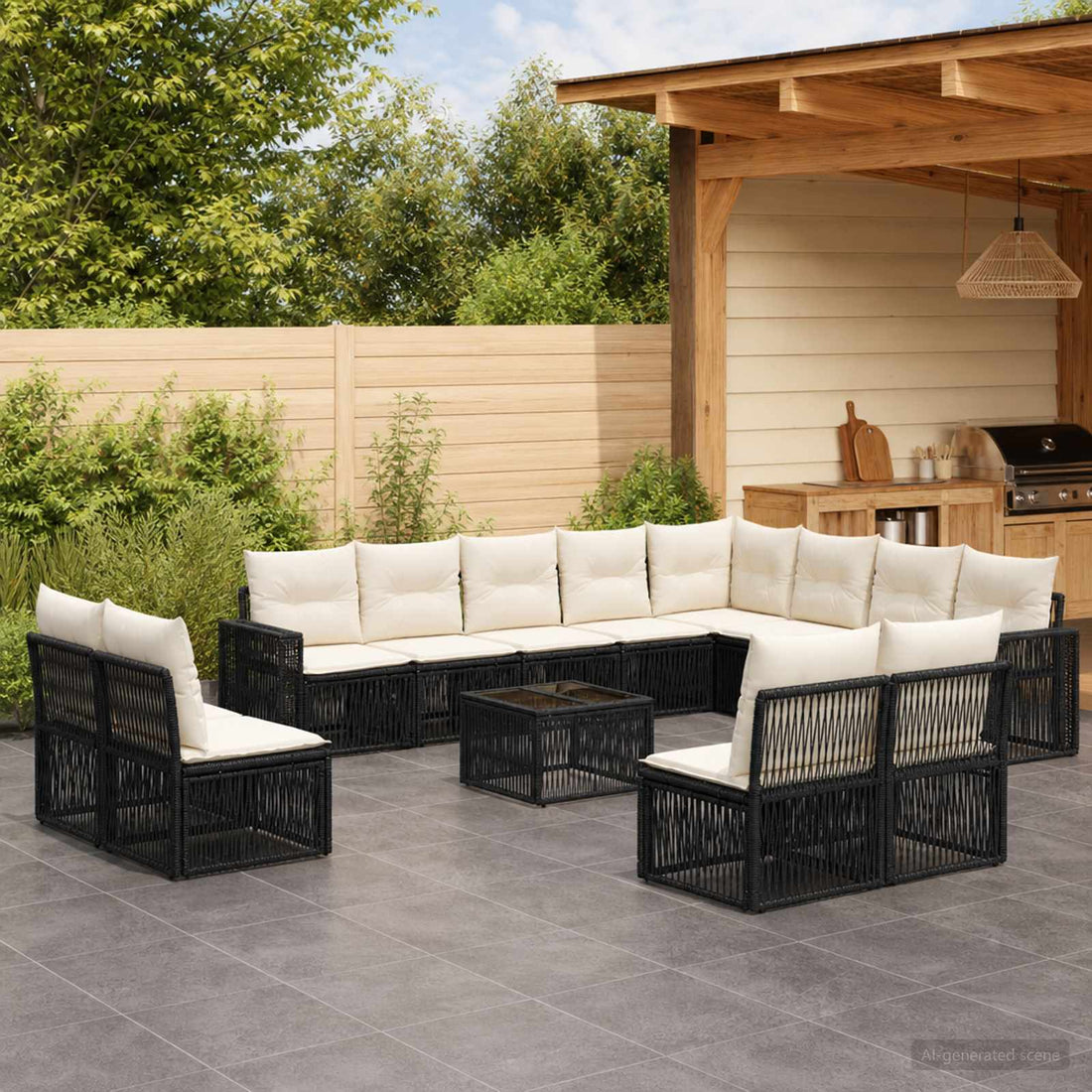 vidaXL Conjunto de sofás de jardín 13 uds. Negro y Blanco Crema