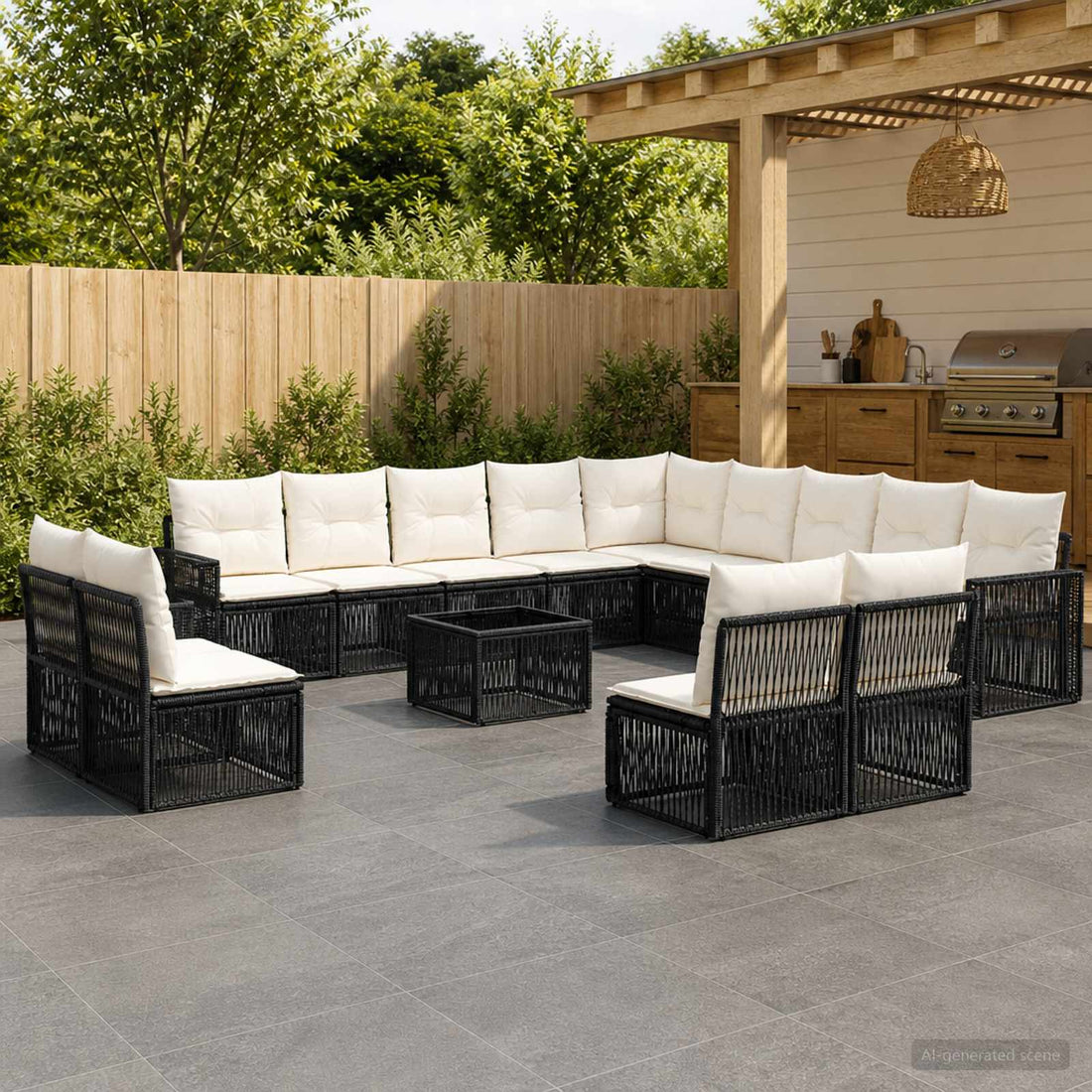 vidaXL Conjunto de sofás de jardín 14 uds. Negro y Blanco Crema
