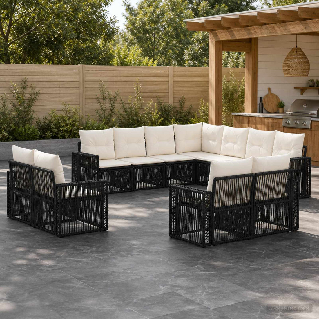 vidaXL Conjunto de sofás de jardín 11 uds. Negro y Blanco Crema