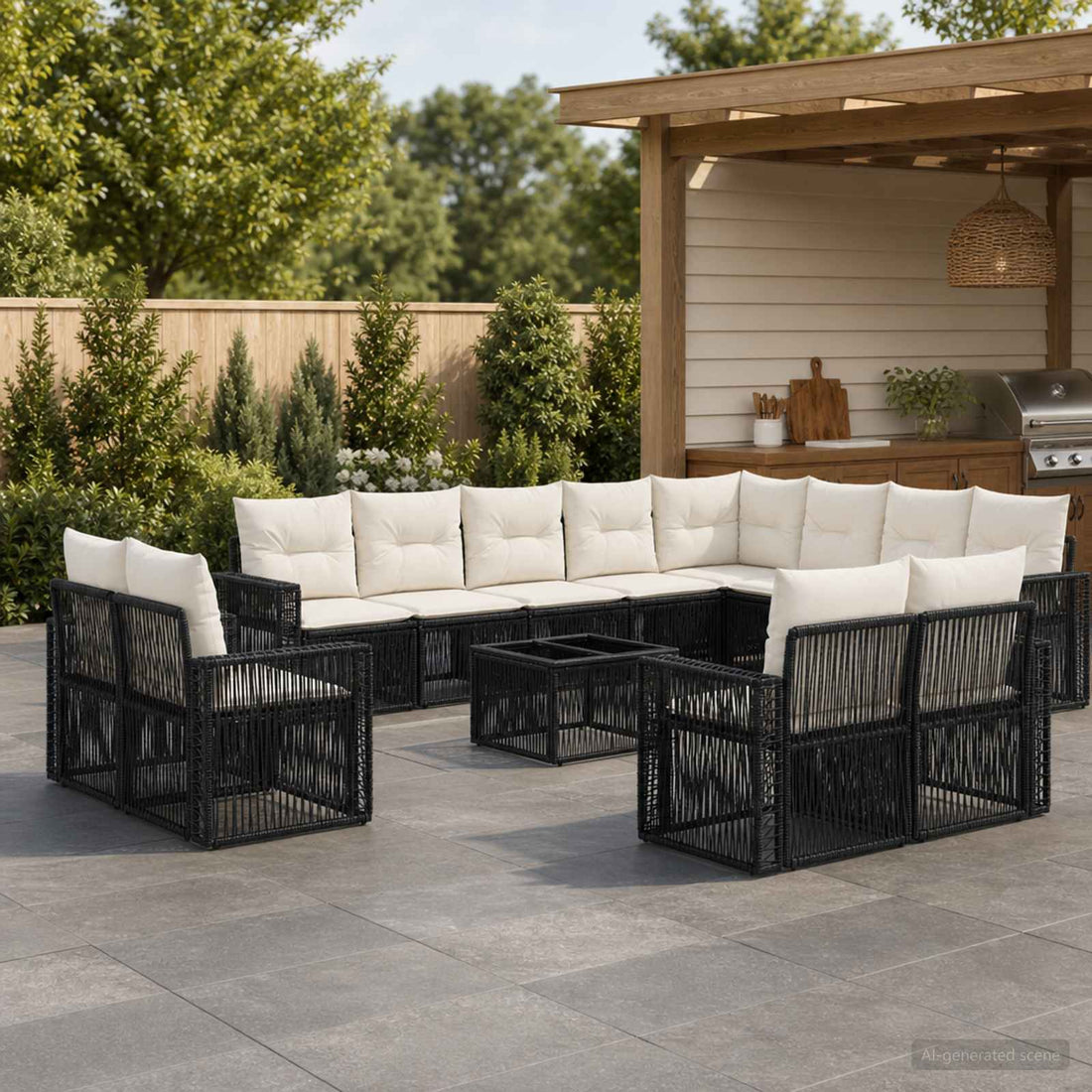 vidaXL Conjunto de sofás de jardín 13 uds. Negro y Blanco Crema