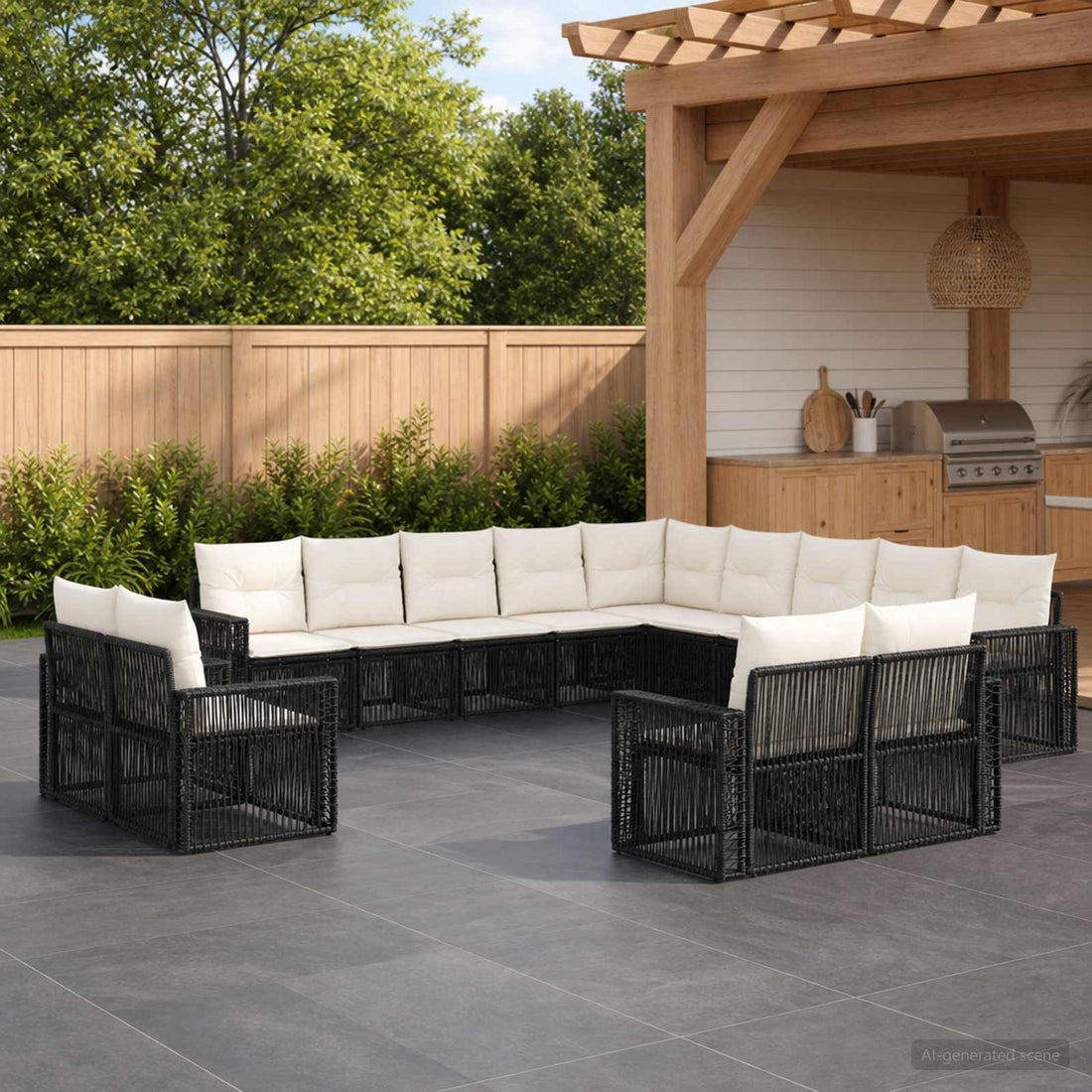 vidaXL Conjunto de sofás de jardín 13 uds. Negro y Blanco Crema