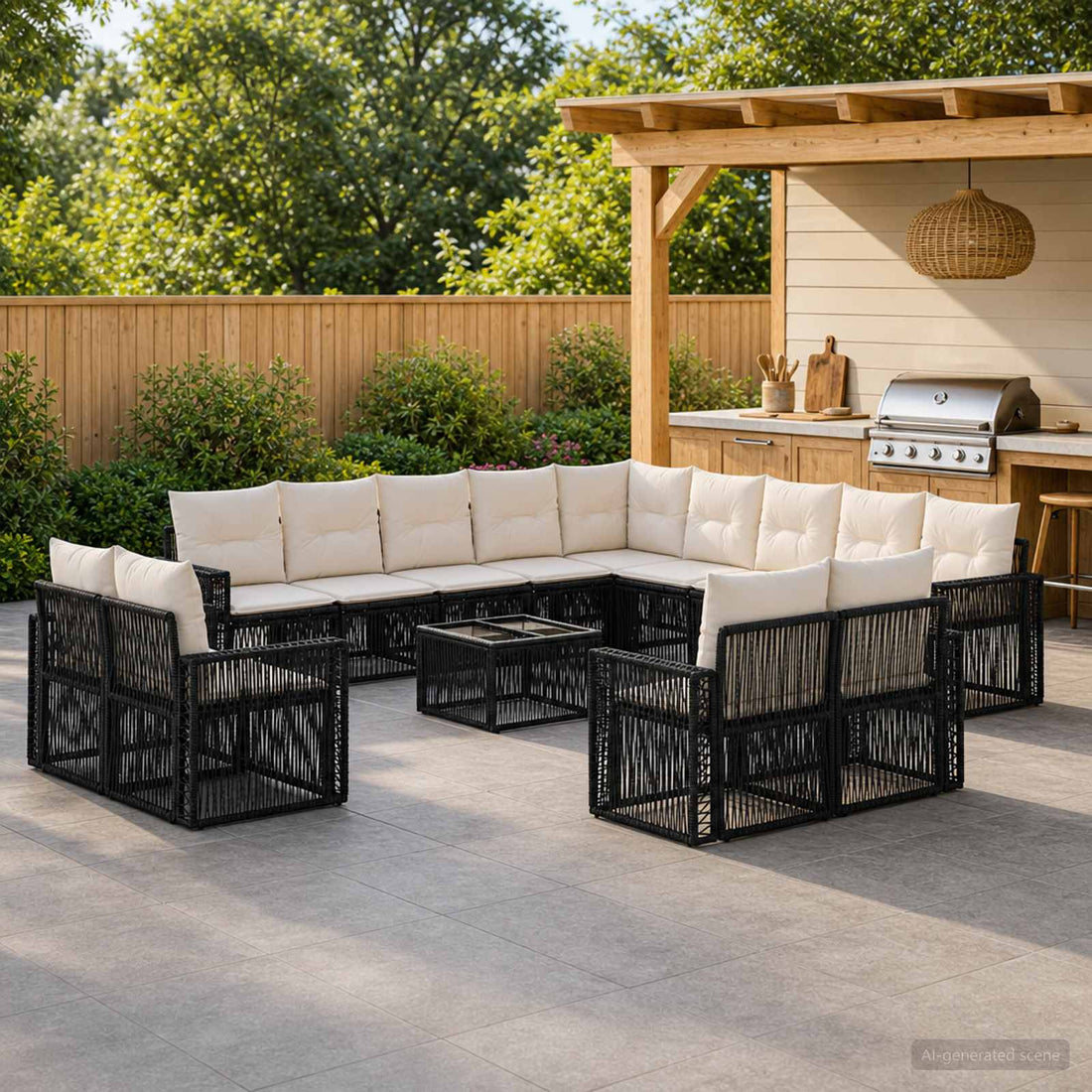 vidaXL Conjunto de sofás de jardín 14 uds. Negro y Blanco Crema
