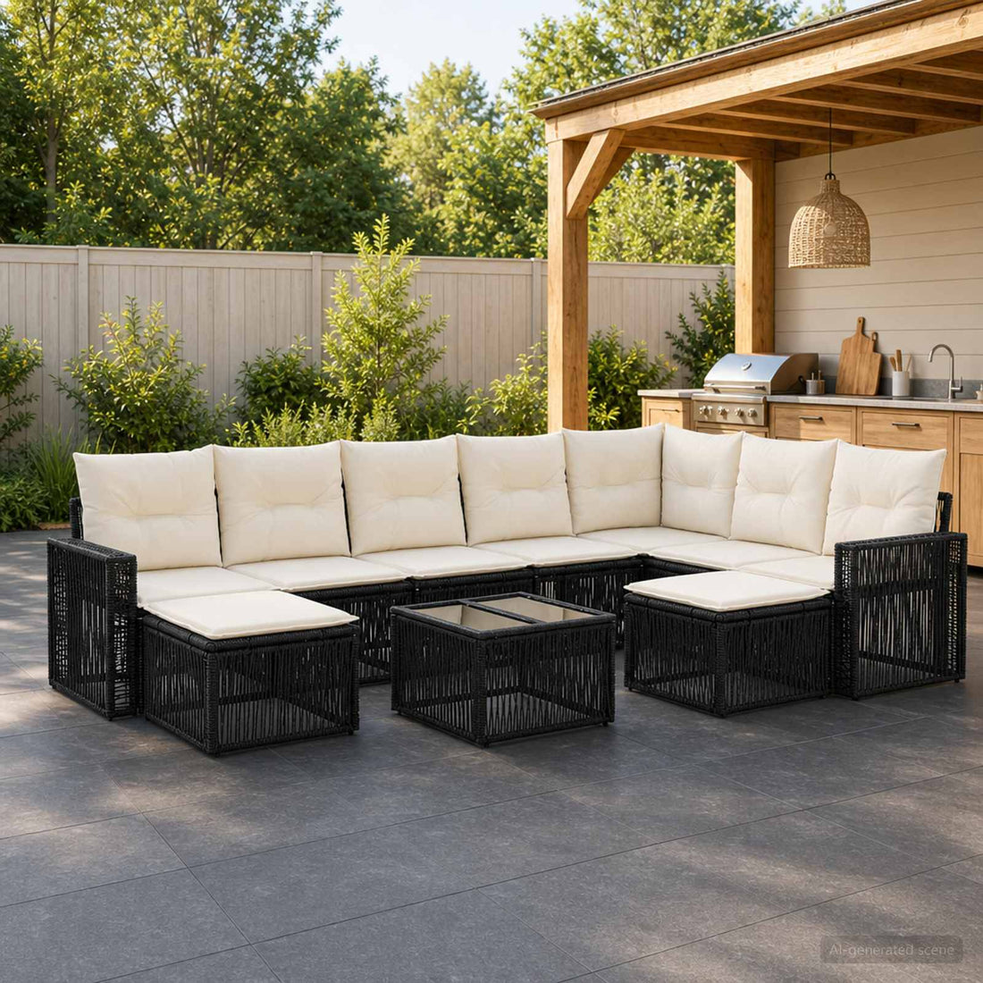 vidaXL Conjunto de sofás de jardín 10 uds. Negro y Blanco Crema