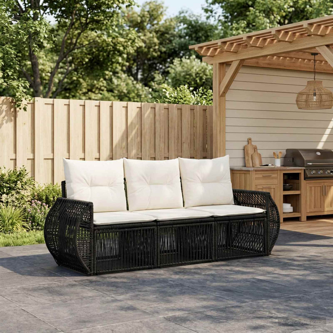 vidaXL Conjunto de sofás de jardín 3 uds. Negro y Blanco Crema