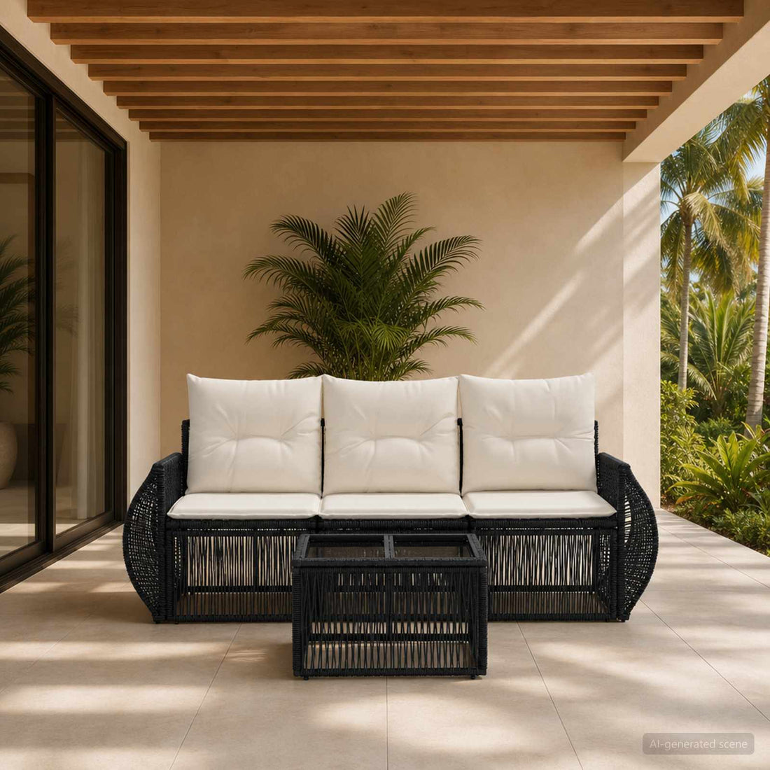 vidaXL Conjunto de sofás de jardín 4 uds. Negro y Blanco Crema