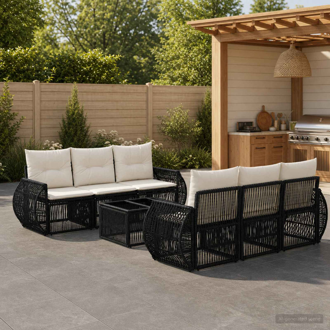 vidaXL Conjunto de sofás de jardín 7 uds. Negro ratán sintético