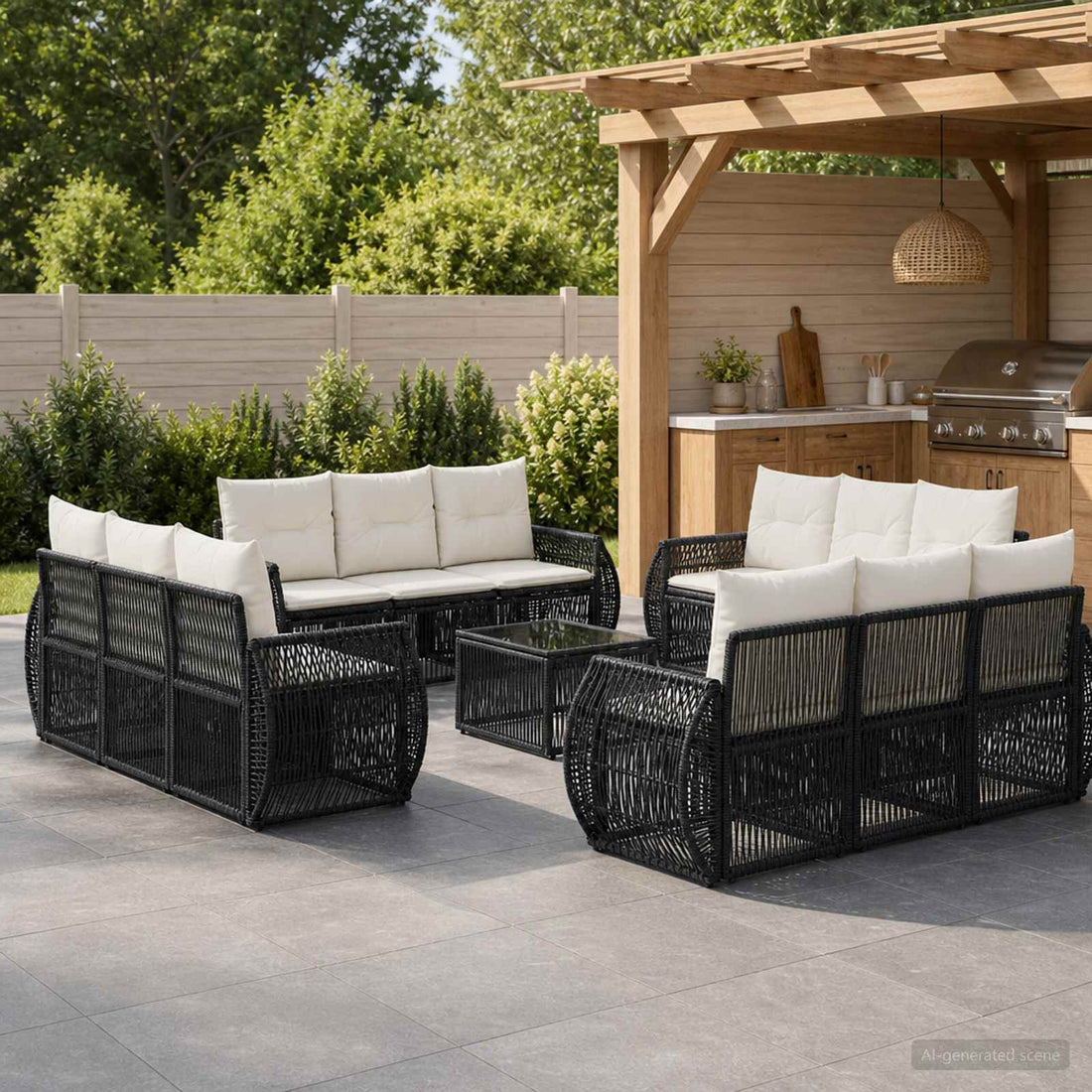 vidaXL Conjunto de sofás de jardín 13 uds. Negro y Blanco Crema