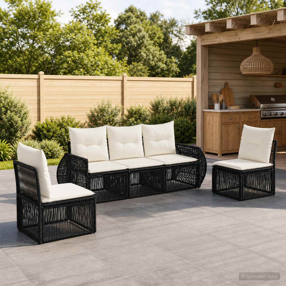 vidaXL Conjunto de sofás de jardín 5 uds. Negro y Blanco Crema