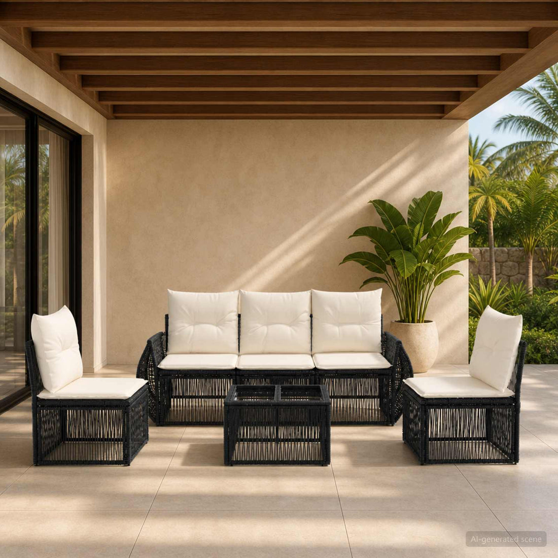 vidaXL Conjunto de sofás de jardín 6 uds. Negro y Blanco Crema