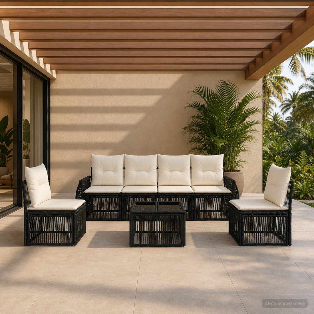 vidaXL Conjunto de sofás de jardín 7 uds. Negro y Blanco Crema