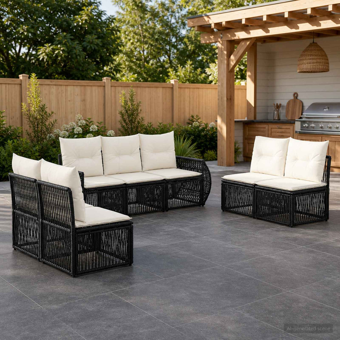 vidaXL Conjunto de sofás de jardín 7 uds. Negro y Blanco Crema