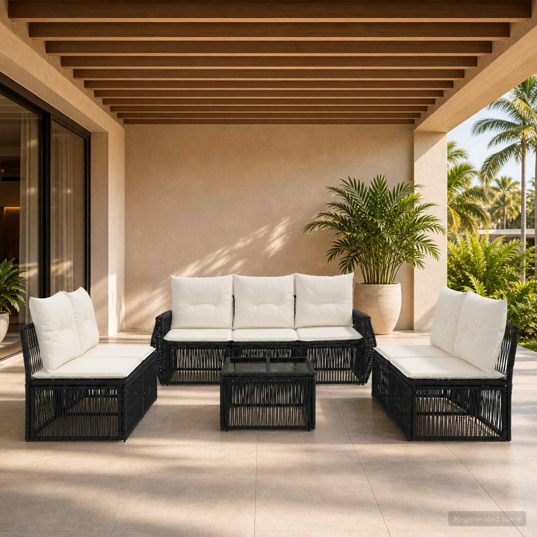 vidaXL Conjunto de sofás de jardín 8 uds. Negro y Blanco Crema