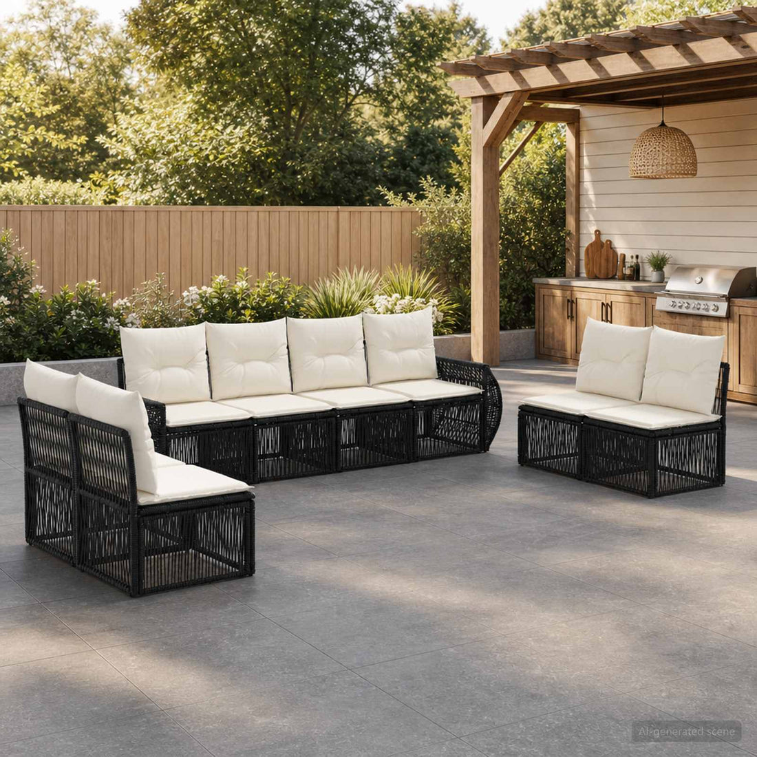 vidaXL Conjunto de sofás de jardín 8 uds. Negro y Blanco Crema