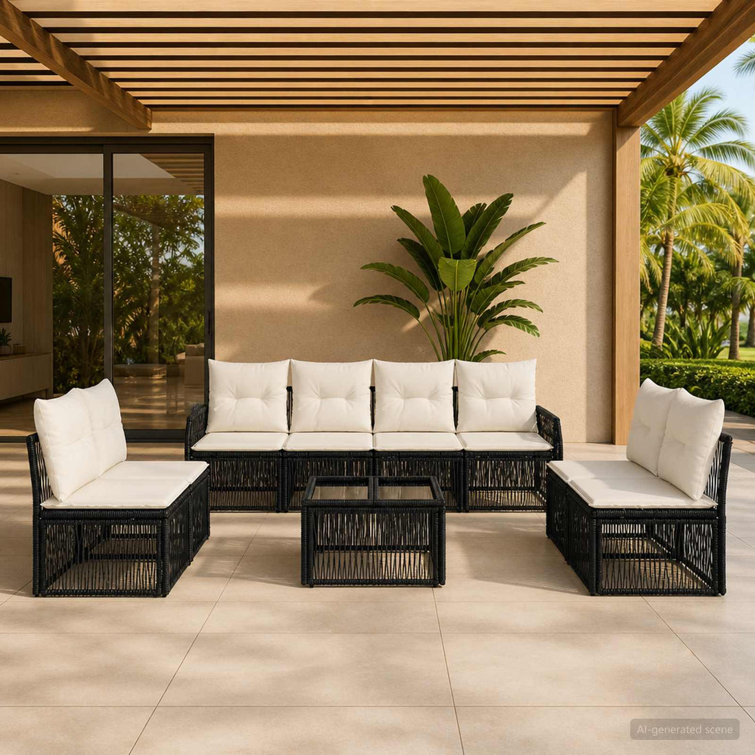 vidaXL Conjunto de sofás de jardín 9 uds. Negro y Blanco Crema