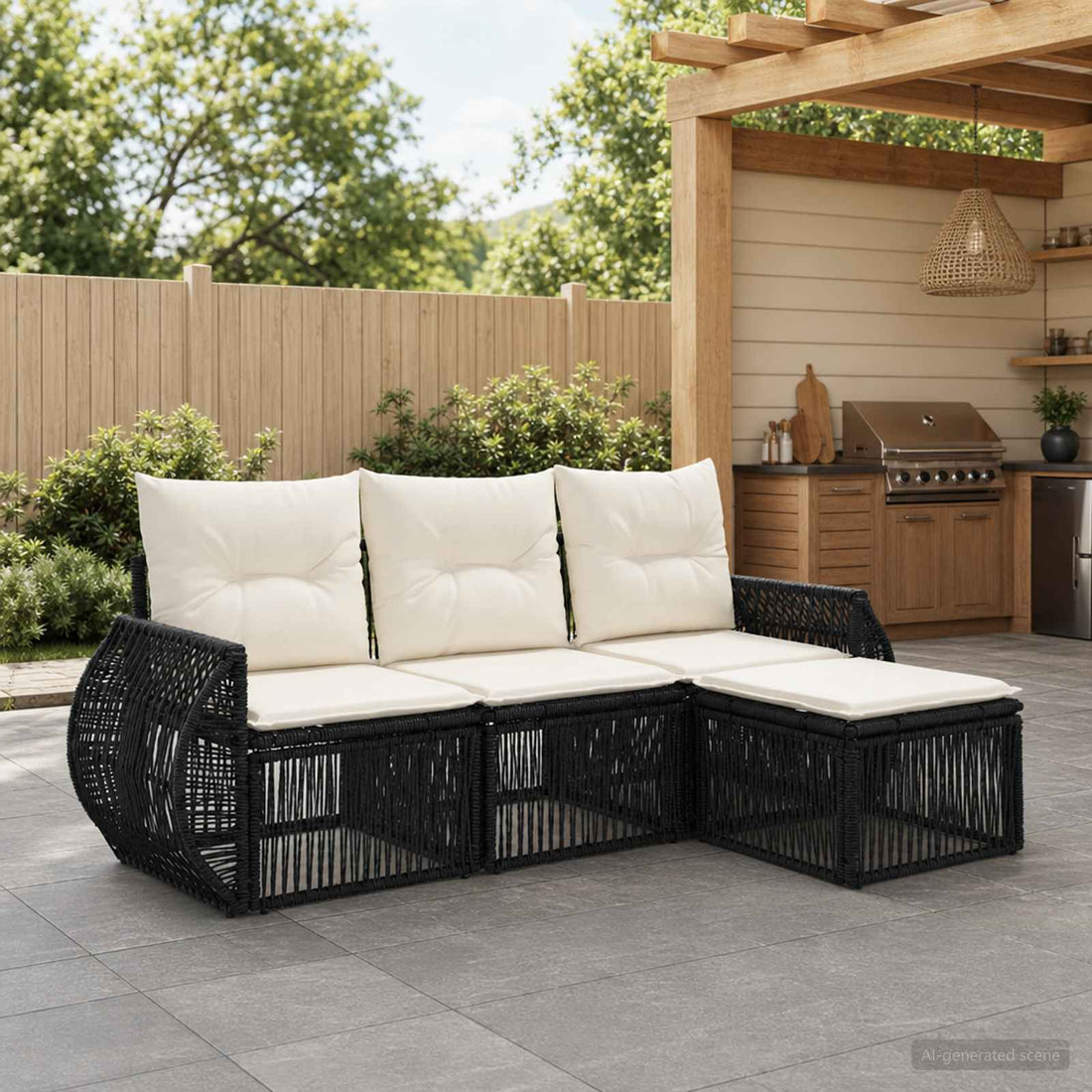 vidaXL Conjunto de sofás de jardín 4 uds. Negro y Blanco Crema