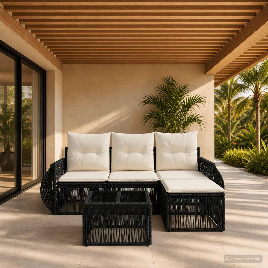 vidaXL Conjunto de sofás de jardín 5 uds. Negro y Blanco Crema