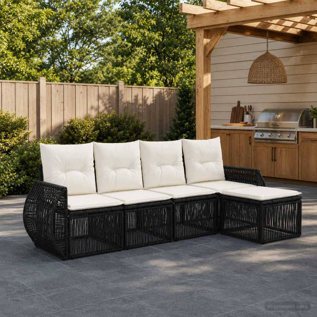 vidaXL Conjunto de sofás de jardín 5 uds. Negro y Blanco Crema