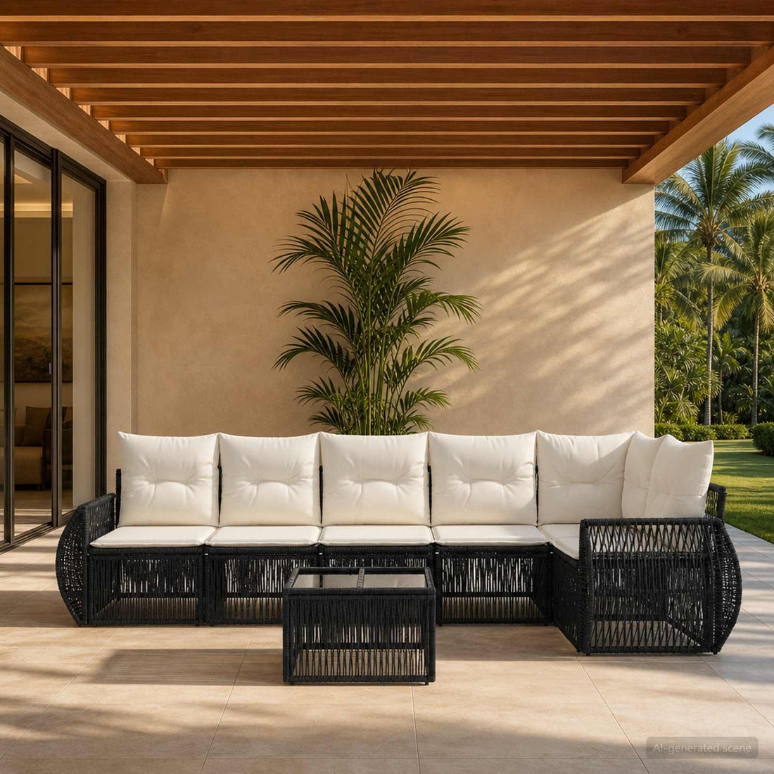 vidaXL Conjunto de sofás de jardín 7 uds. Negro y Blanco Crema