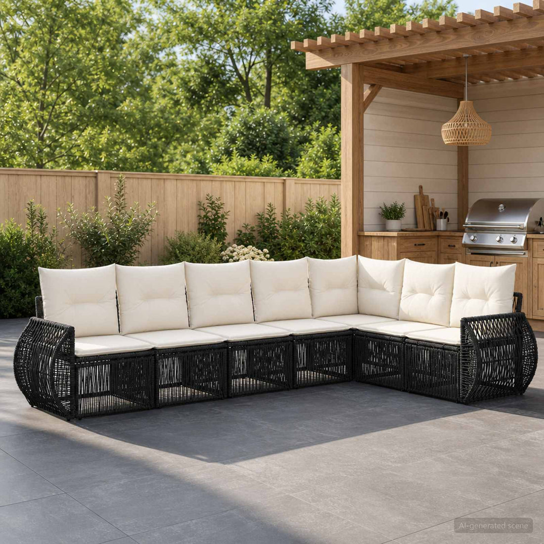 vidaXL Conjunto de sofás de jardín 7 uds. Negro y Blanco Crema