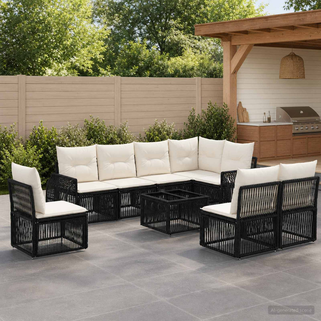 vidaXL Conjunto de sofás de jardín 9 uds. Negro y Blanco Crema
