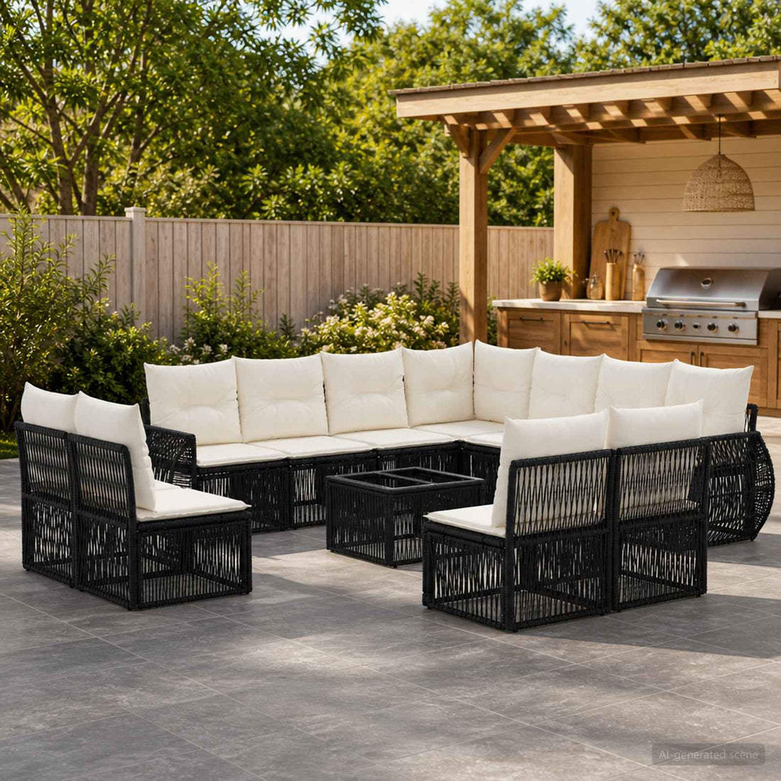vidaXL Conjunto de sofás de jardín 12 uds. Negro y Blanco Crema