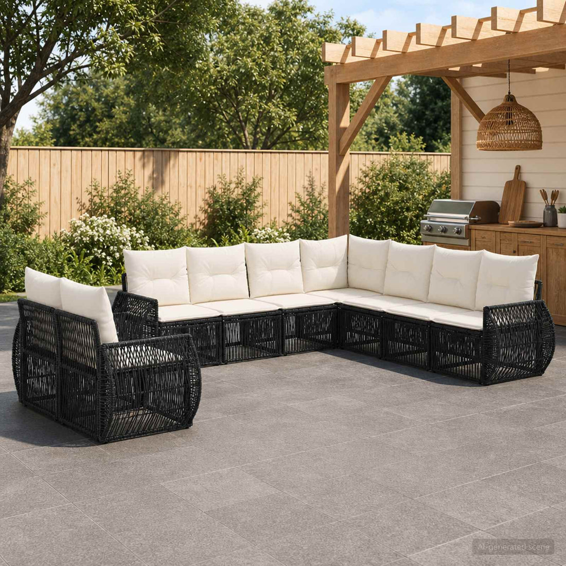 vidaXL Conjunto de sofás de jardín 9 uds. Negro y Blanco Crema
