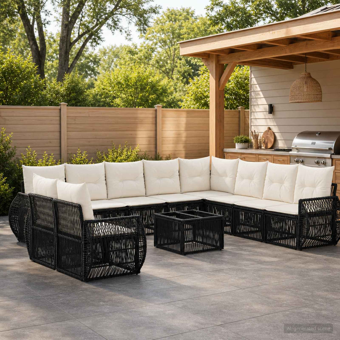 vidaXL Conjunto de sofás de jardín 11 uds. Negro y Blanco Crema