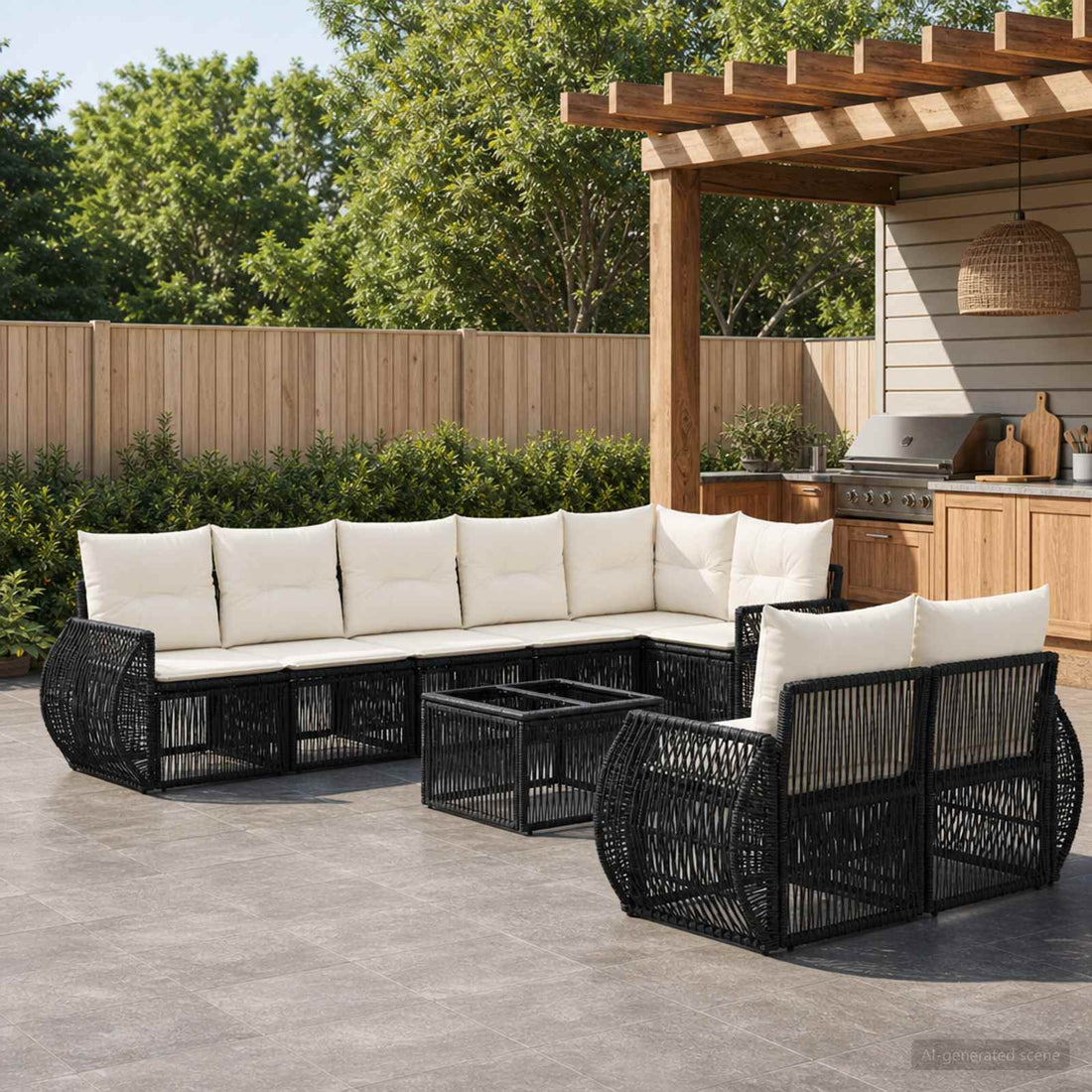 vidaXL Conjunto de sofás de jardín 9 uds. Negro y Blanco Crema