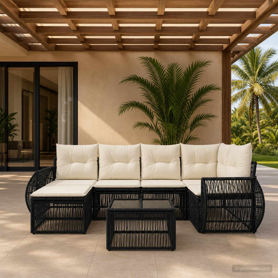 vidaXL Conjunto de sofás de jardín 7 uds. Negro y Blanco Crema