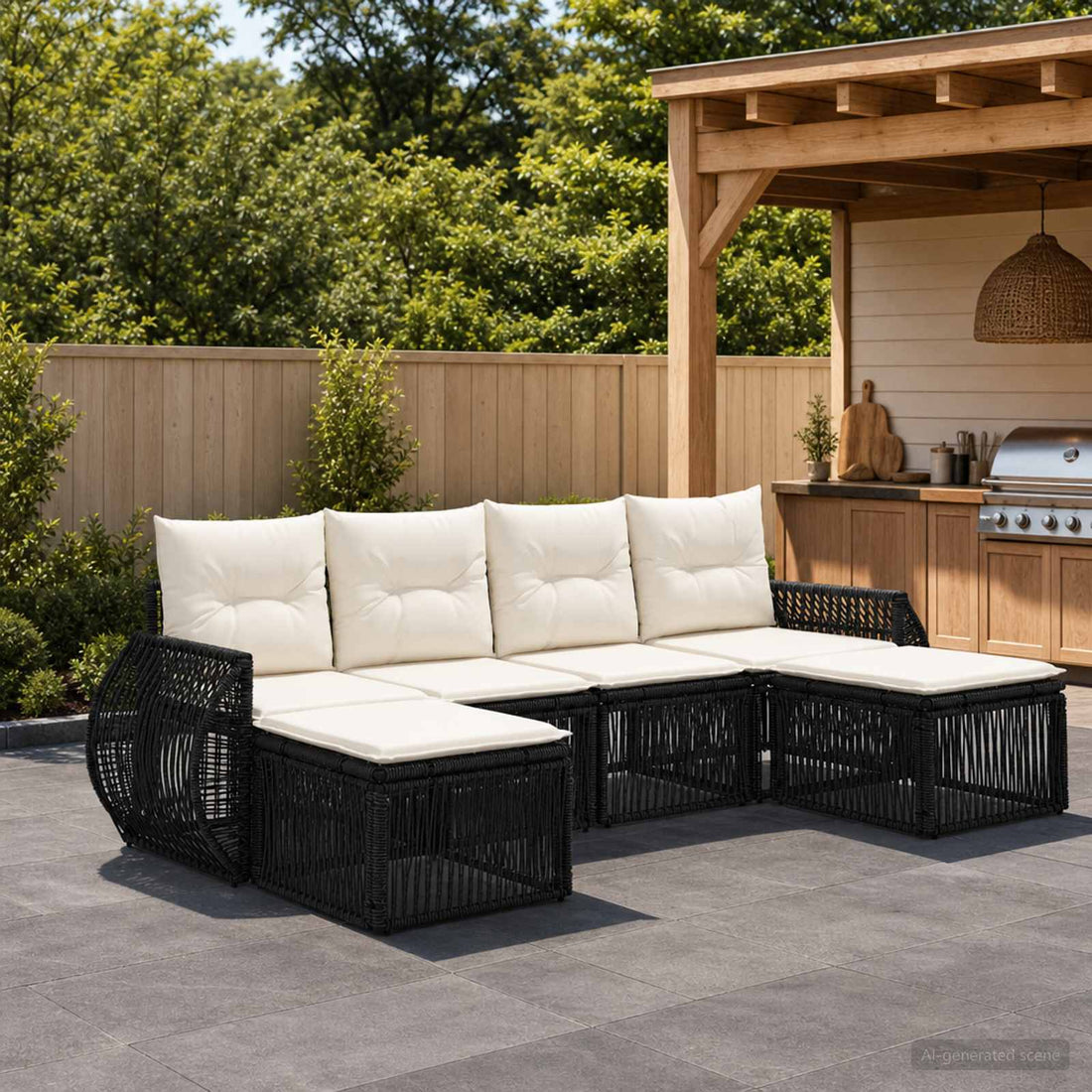vidaXL Conjunto de sofás de jardín 6 uds. Negro y Blanco Crema